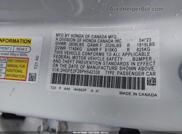 2HGFE2F26PH542338 2023 HONDA CIVIC Белый Вид подкапотного пространства