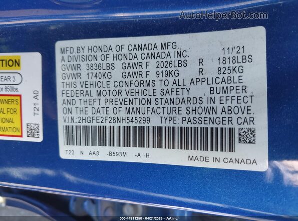 2HGFE2F28NH545299 2022 HONDA CIVIC Blue Vista del compartimento del motor