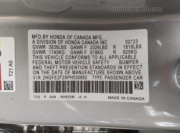 2HGFE2F2XPH530662 2023 HONDA CIVIC Серебряный Вид подкапотного пространства