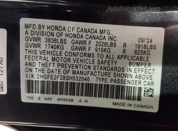 2HGFE2F2XSH532646 2025 HONDA CIVIC Gray Vista del compartimento del motor