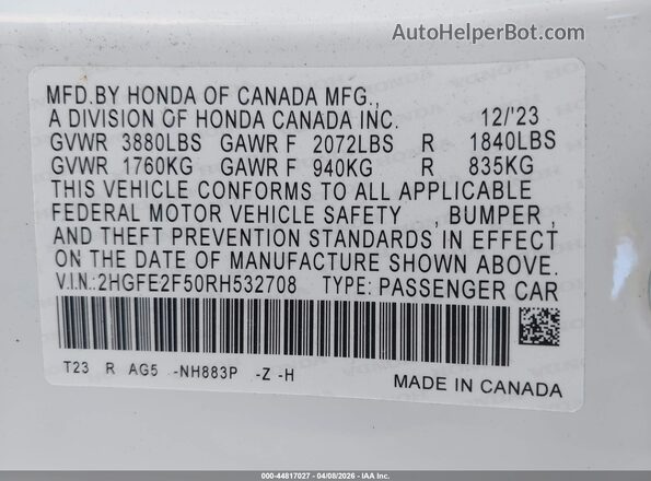 2HGFE2F50RH532708 2024 HONDA CIVIC White Widok komory silnika