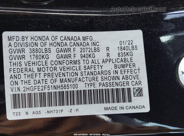 2HGFE2F51NH565100 2022 HONDA CIVIC Black Вид підкапотного простору
