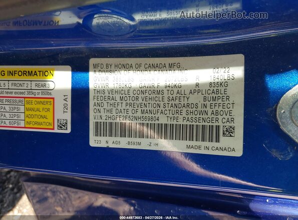 2HGFE2F52NH569804 2022 HONDA CIVIC Blue ძრავის განყოფილების ხედი