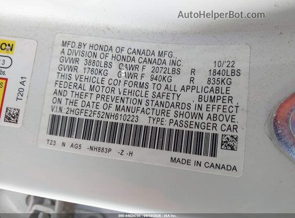 2HGFE2F52NH610223 2022 HONDA CIVIC Бежевый Вид подкапотного пространства
