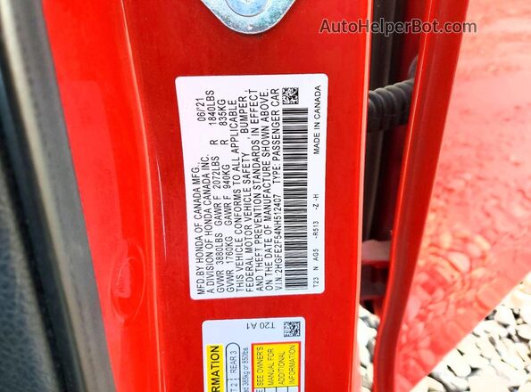 2HGFE2F54NH512407 2022 HONDA CIVIC Red ძრავის განყოფილების ხედი
