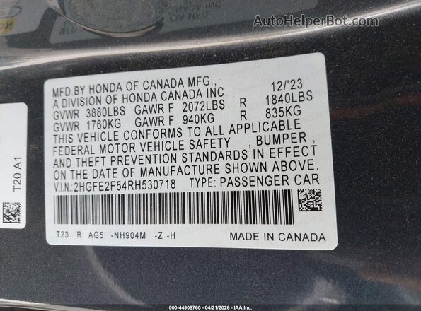 2HGFE2F54RH530718 2024 HONDA CIVIC Gray Widok komory silnika