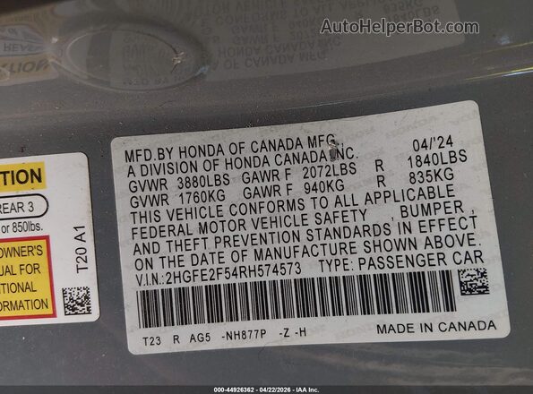 2HGFE2F54RH574573 2024 HONDA CIVIC Gray Вид підкапотного простору