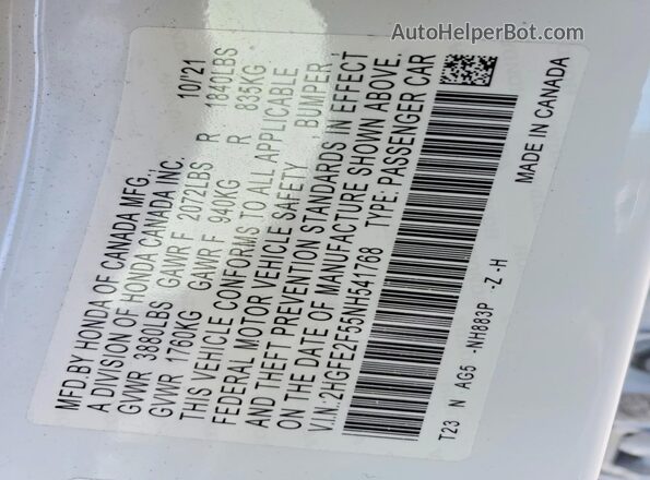 2HGFE2F55NH541768 2022 HONDA CIVIC White ძრავის განყოფილების ხედი