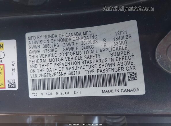 2HGFE2F55NH560210 2022 HONDA CIVIC Gray Вид підкапотного простору