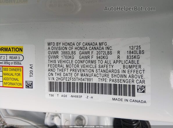 2HGFE2F55TH547891 2026 HONDA CIVIC Белый Вид подкапотного пространства