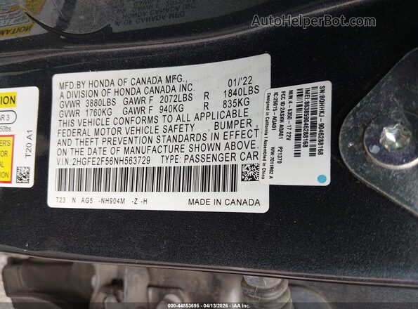 2HGFE2F56NH563729 2022 HONDA CIVIC Gray Widok komory silnika