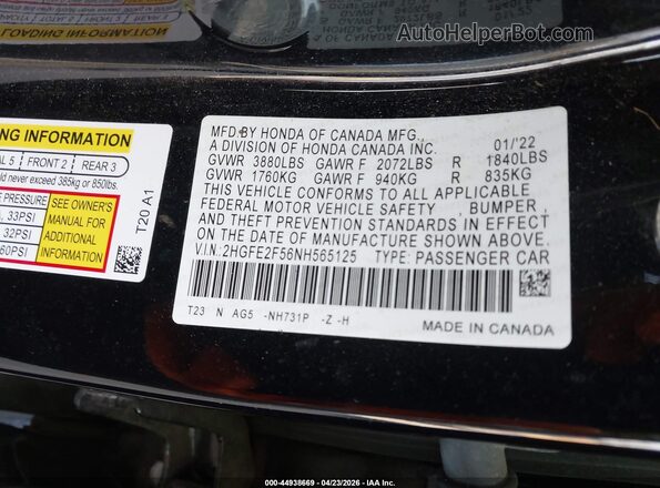 2HGFE2F56NH565125 2022 HONDA CIVIC Черный Вид подкапотного пространства