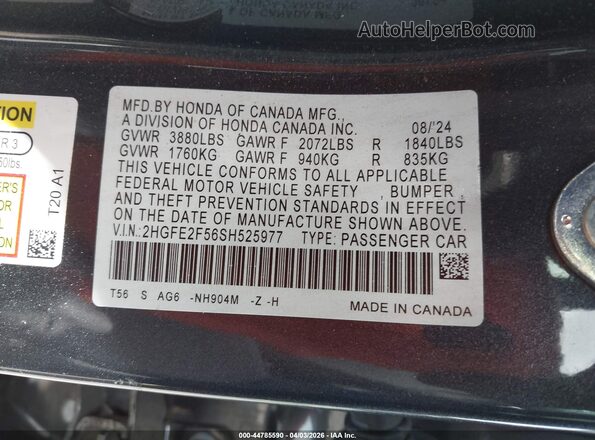 2HGFE2F56SH525977 2025 HONDA CIVIC Gray Widok komory silnika
