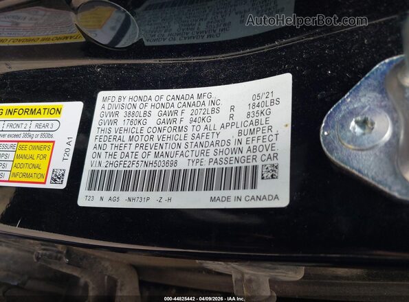 2HGFE2F57NH503698 2022 HONDA CIVIC Black Engine compartment view
