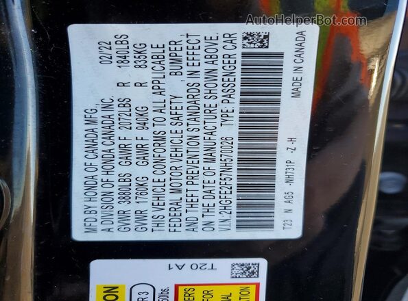 2HGFE2F57NH570026 2022 HONDA CIVIC Black Vista del compartimento del motor