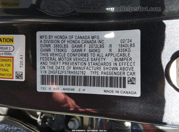 2HGFE2F57RH552762 2024 HONDA CIVIC Gray Widok komory silnika