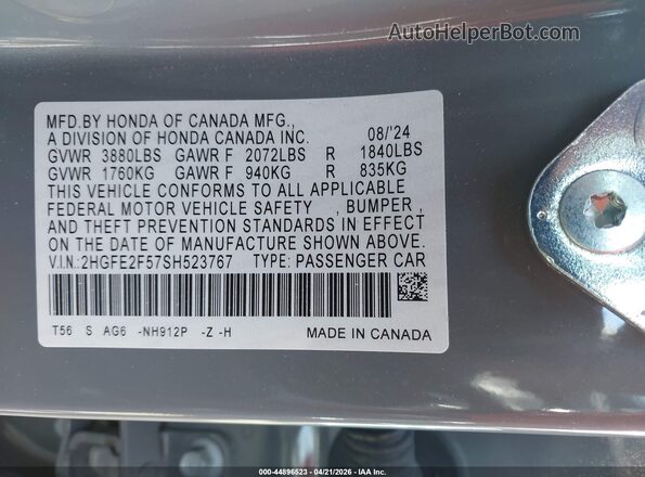 2HGFE2F57SH523767 2025 HONDA CIVIC Gray Widok komory silnika