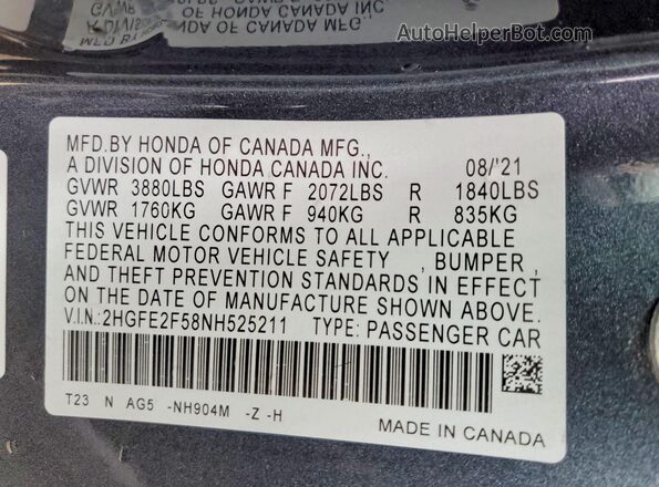2HGFE2F58NH525211 2022 HONDA CIVIC Серый Вид подкапотного пространства