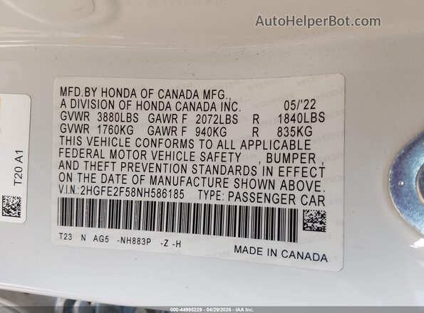 2HGFE2F58NH586185 2022 HONDA CIVIC White ძრავის განყოფილების ხედი