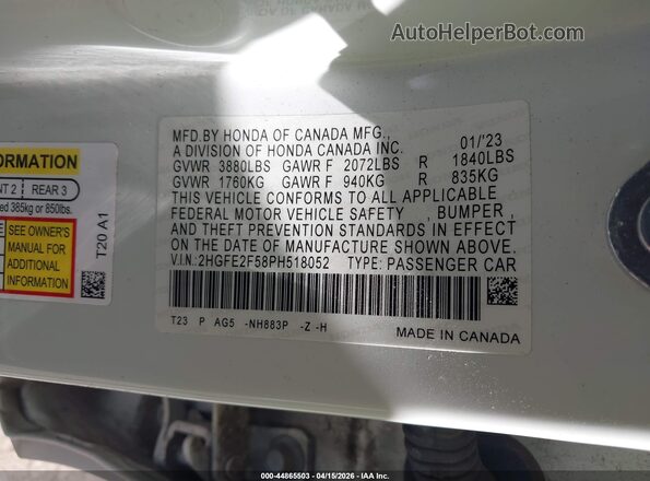 2HGFE2F58PH518052 2023 HONDA CIVIC White Շարժիչի բաժամունքի տեսք