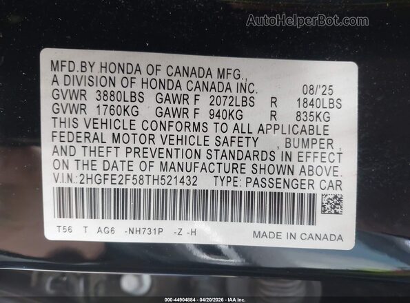 2HGFE2F58TH521432 2026 HONDA CIVIC Черный Вид подкапотного пространства