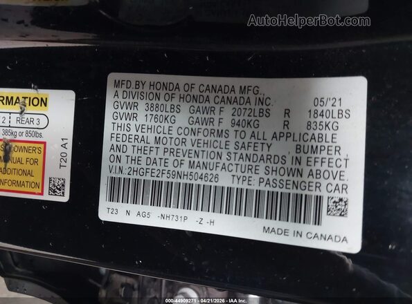 2HGFE2F59NH504626 2022 HONDA CIVIC Black Вид підкапотного простору
