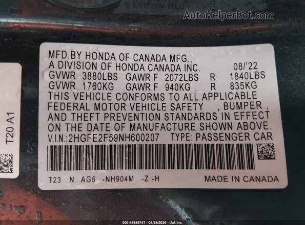 2HGFE2F59NH600207 2022 HONDA CIVIC Black Вид підкапотного простору