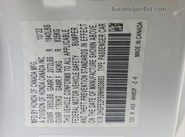 2HGFE2F59NH609683 2022 HONDA CIVIC Белый Вид подкапотного пространства