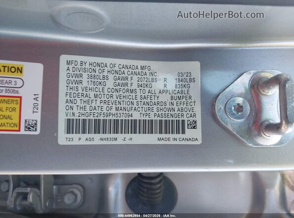 2HGFE2F59PH537094 2023 HONDA CIVIC Silver Engine compartment view