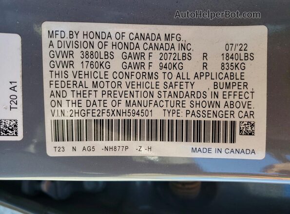2HGFE2F5XNH594501 2022 HONDA CIVIC Gray Engine compartment view