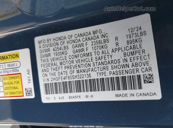 2HGFE4F80SH322136 2025 HONDA CIVIC HYBRID Синий Вид подкапотного пространства