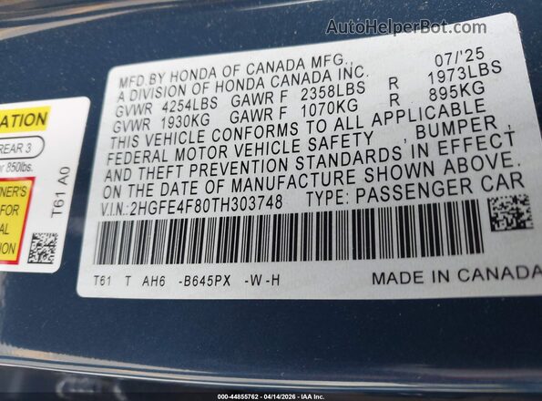 2HGFE4F80TH303748 2026 HONDA CIVIC HYBRID Blue ძრავის განყოფილების ხედი