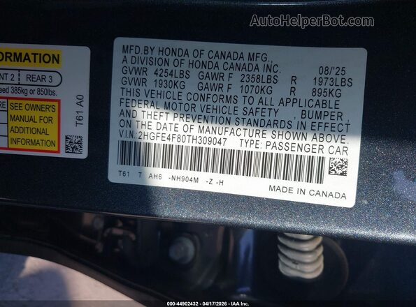 2HGFE4F80TH309047 2026 HONDA CIVIC HYBRID Gray Engine compartment view