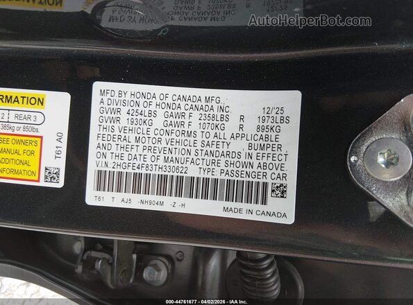 2HGFE4F83TH330622 2026 HONDA CIVIC HYBRID Black Vista del compartimento del motor