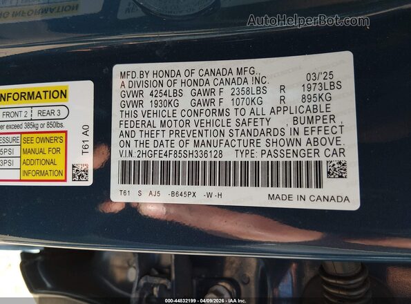 2HGFE4F85SH336128 2025 HONDA CIVIC HYBRID Синий Вид подкапотного пространства