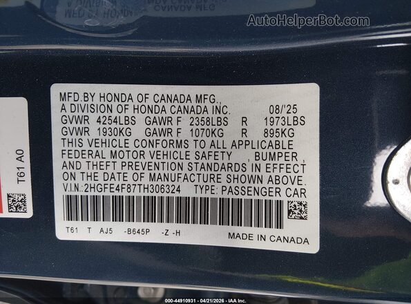 2HGFE4F87TH306324 2026 HONDA CIVIC HYBRID Синий Вид подкапотного пространства