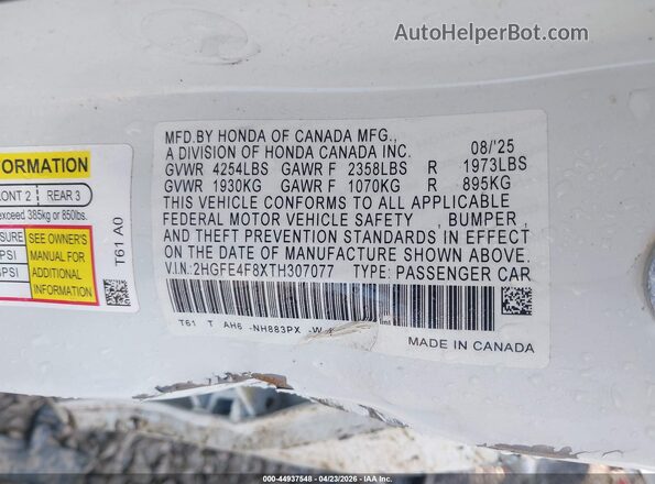 2HGFE4F8XTH307077 2026 HONDA CIVIC HYBRID Белый Вид подкапотного пространства
