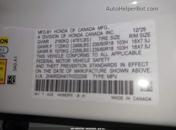 2HKRS3H41TH322258 2026 HONDA CR-V White Вид підкапотного простору