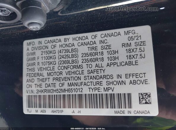 2HKRW2H52MH651012 2021 HONDA CR-V Черный Вид подкапотного пространства
