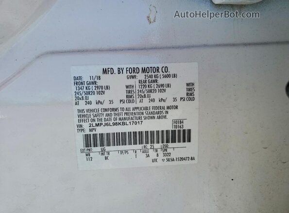 2LMPJ6L98KBL17017 2019 LINCOLN NAUTILUS Белый Вид подкапотного пространства