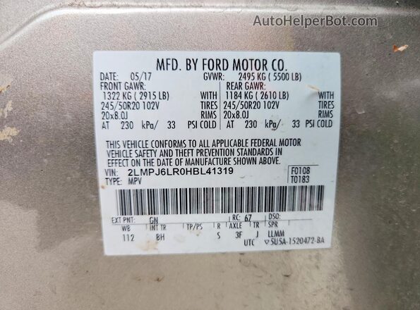 2LMPJ6LR0HBL41319 2017 LINCOLN MKX Beige Вид підкапотного простору