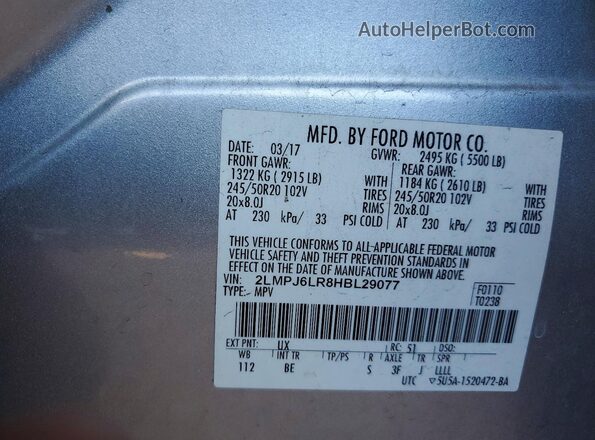 2LMPJ6LR8HBL29077 2017 LINCOLN MKX Серебряный Вид наклейки с VIN-кодом
