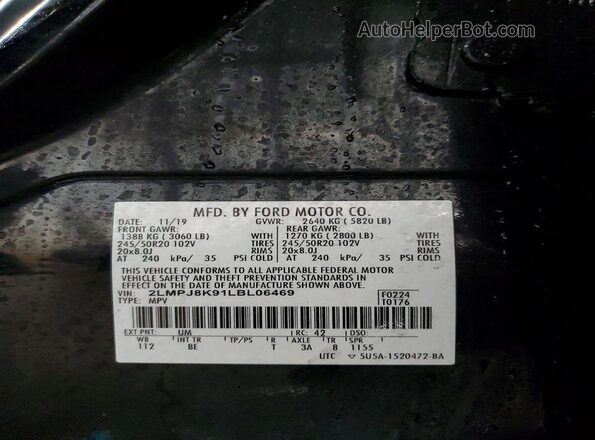 2LMPJ8K91LBL06469 2020 LINCOLN NAUTILUS Black Widok naklejki z numerem VIN