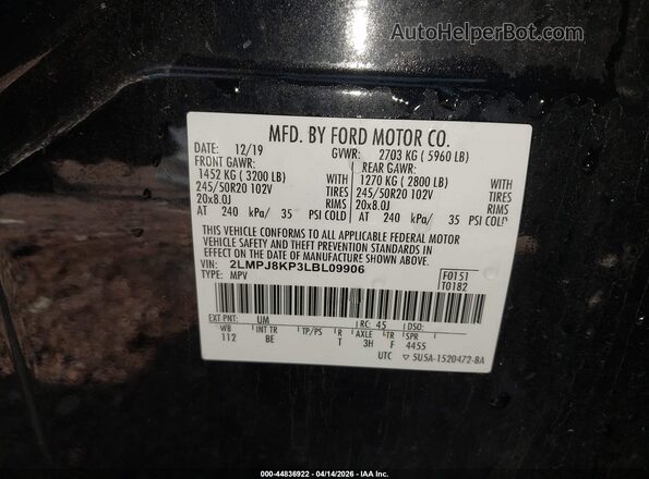 2LMPJ8KP3LBL09906 2020 LINCOLN NAUTILUS Black Вид підкапотного простору