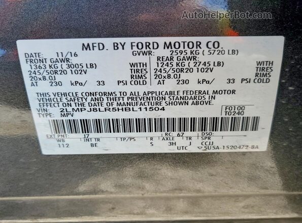 2LMPJ8LR5HBL11504 2017 LINCOLN MKX Gray Widok naklejki z numerem VIN
