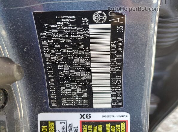 2T1BPRHEXHC841074 2017 TOYOTA LL Gray Vista de la etiqueta del VIN
