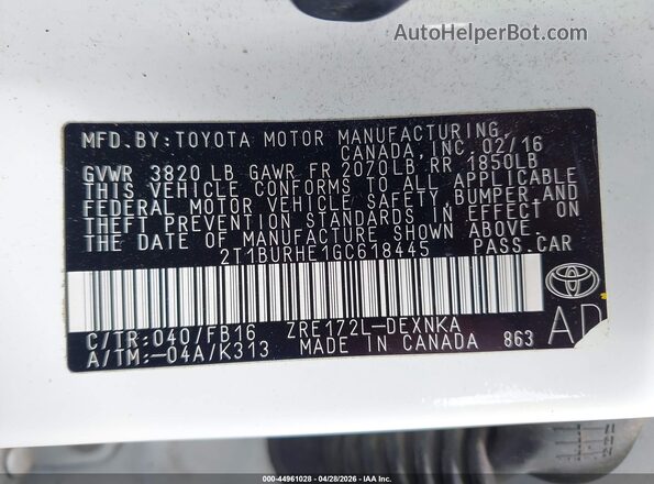 2T1BURHE1GC618445 2016 TOYOTA LL White ძრავის განყოფილების ხედი