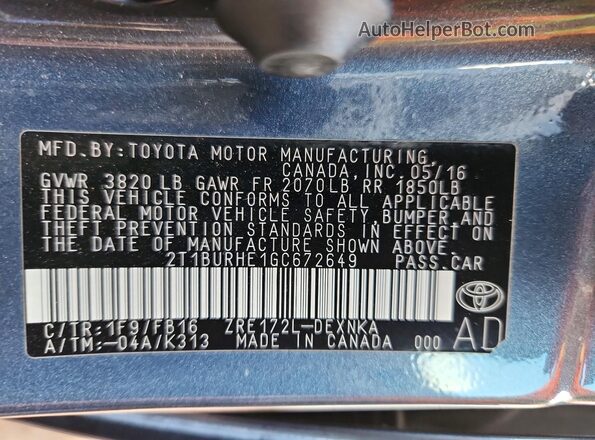 2T1BURHE1GC672649 2016 TOYOTA LL Серый Вид подкапотного пространства