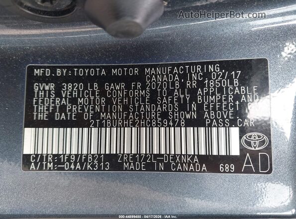 2T1BURHE2HC859478 2017 TOYOTA LL Серый Вид подкапотного пространства