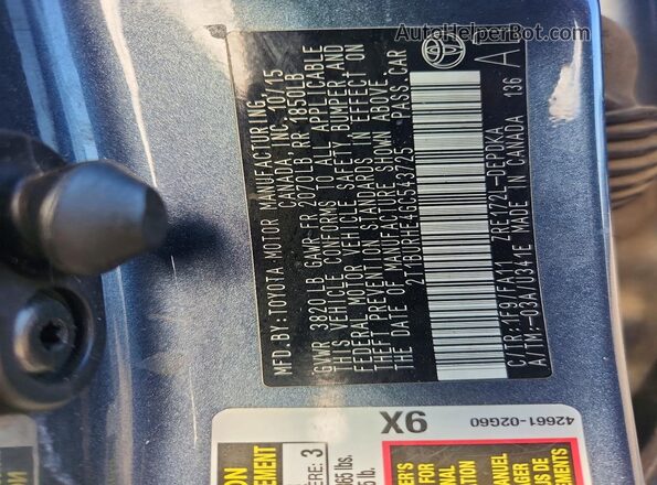 2T1BURHE4GC543725 2016 TOYOTA LL Blue VIN კოდის სტიკერის ხედი